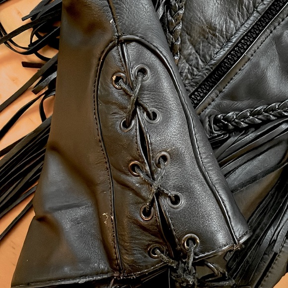 Leather Jacket w/ Hand Painted Cat Black Fringe Motorcycle Western Vintage Small - Picture 10 of 16